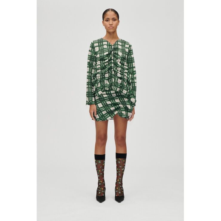 2429 Checkered Cady, Long Sleeve Gathered Ruffle Top