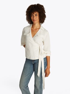TEXTURED LINEN WRAP BLOUSE