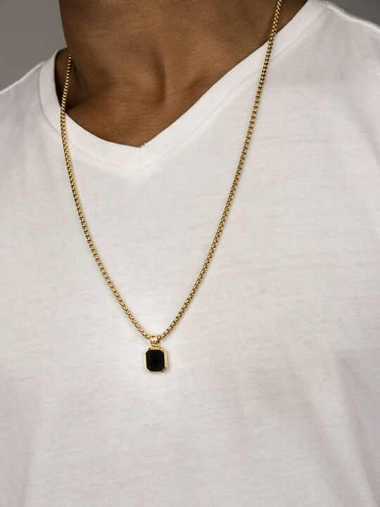 Gold Plated Necklace with Square Matte Onyx Pendant