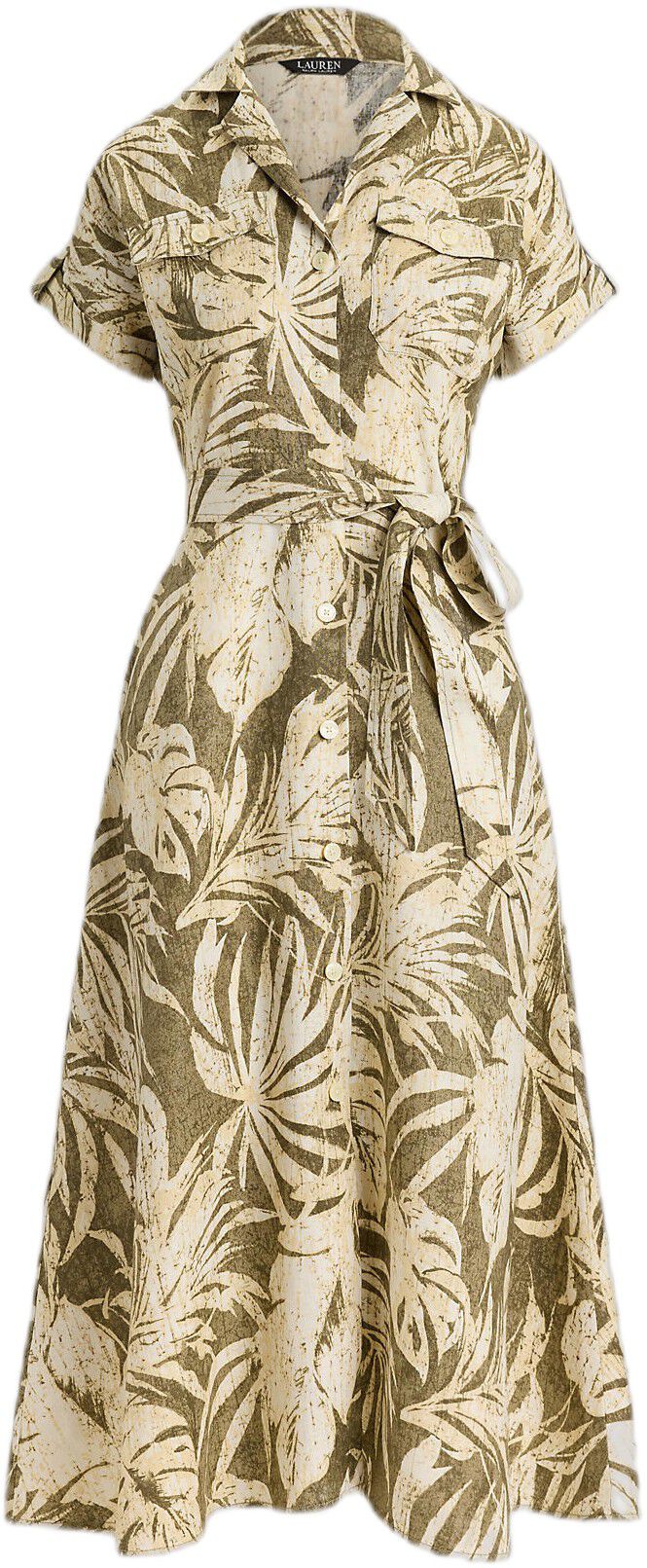 Palm-Frond-Print Linen Camp Shirtdress