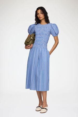 Stripe Cotton Long Smocked Pleated