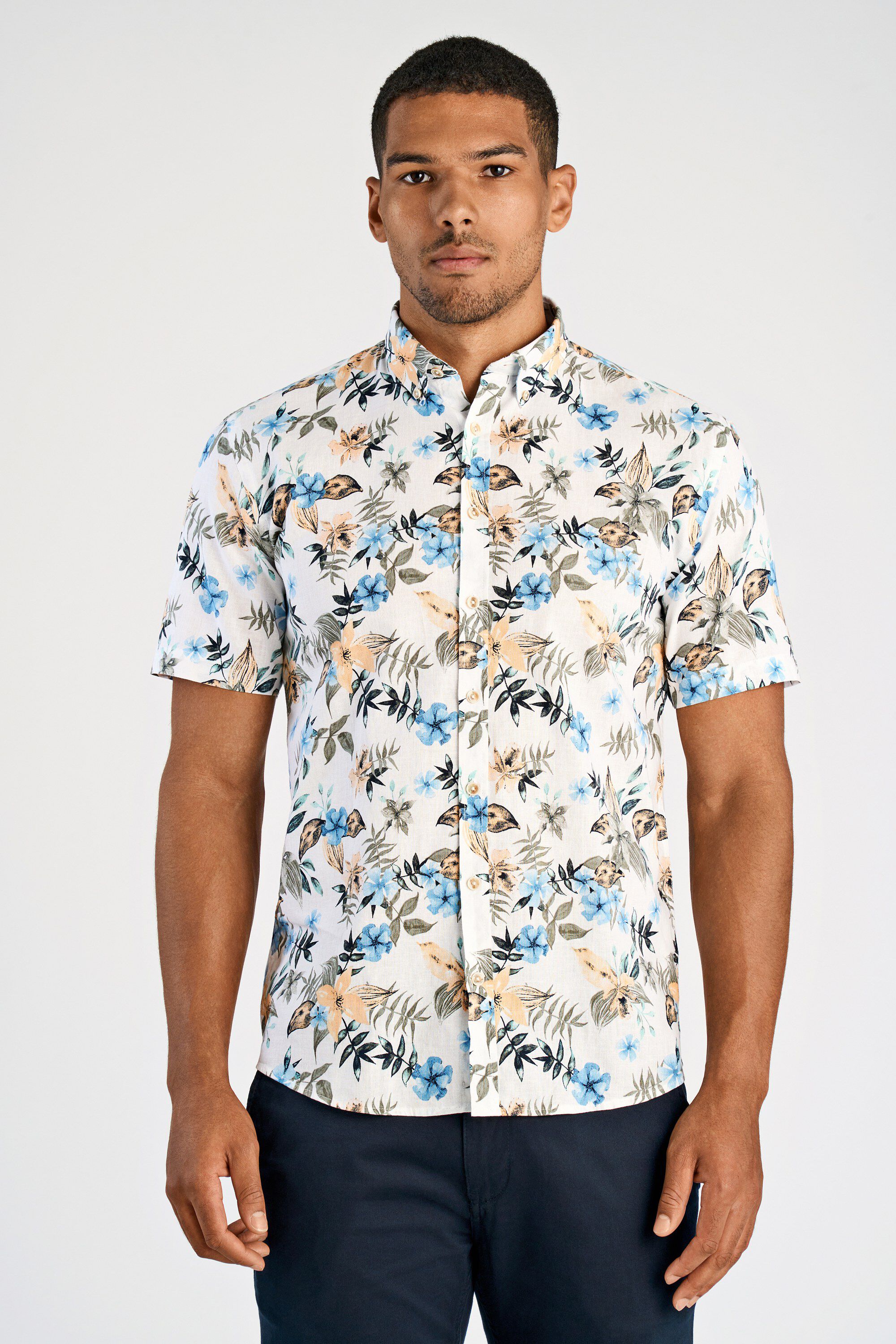 Printed cotton/linen shirt S/S