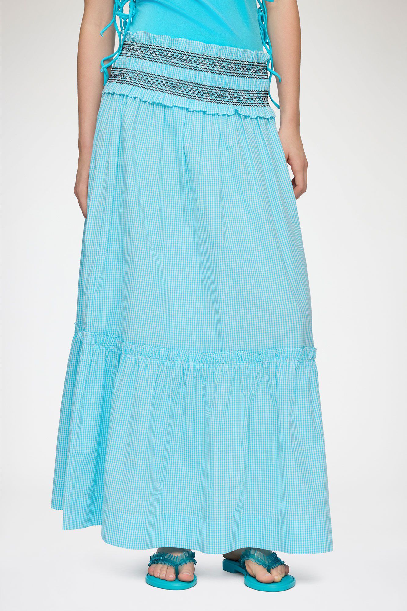 Check Cotton Smocked Waist Long Ski