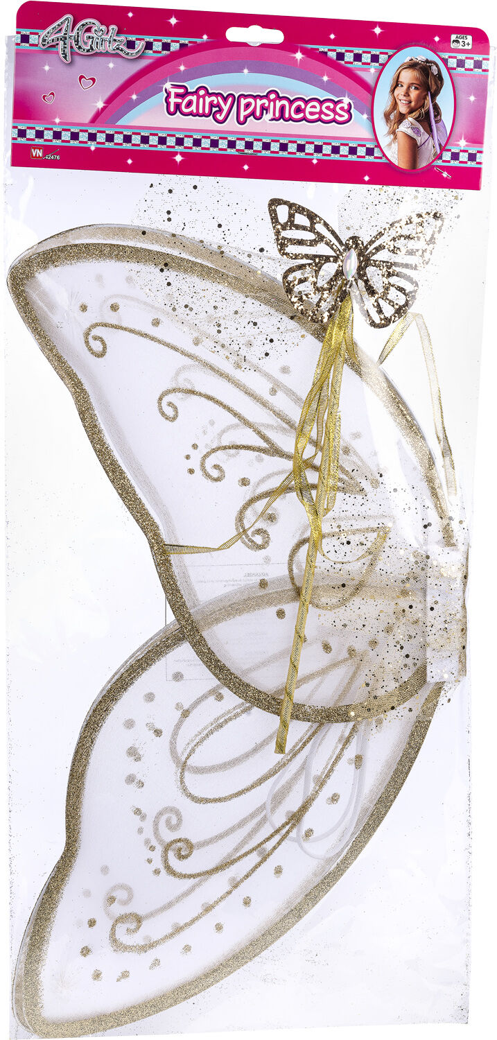 4-Girlz store guldvinger og guldfestav. Vingerne m&aring;ler udfoldet 58x59