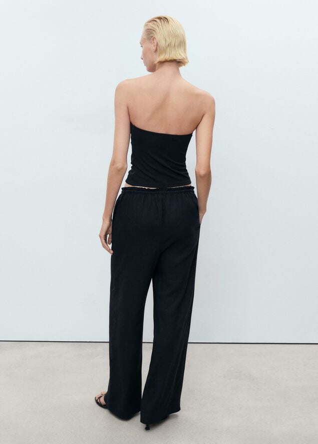 Linen-blend elastic waist trousers