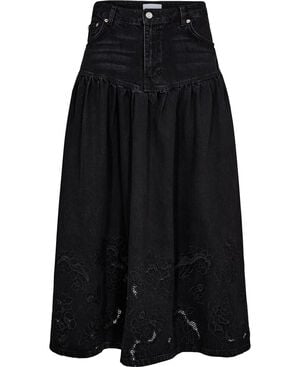 Broderie Anglaise Denim Long Skirt