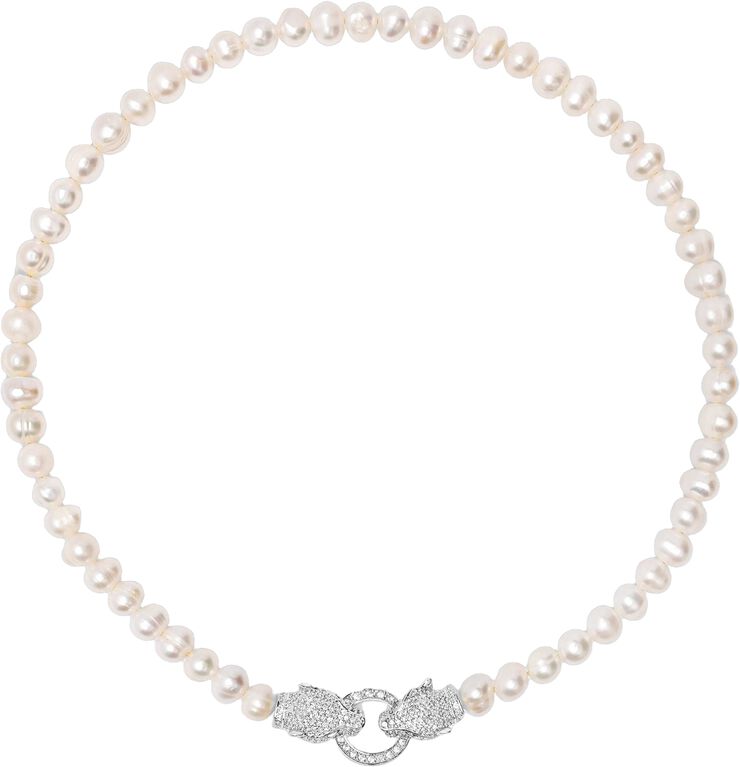 Women's Pearl Choker with Silver Double Panther Head