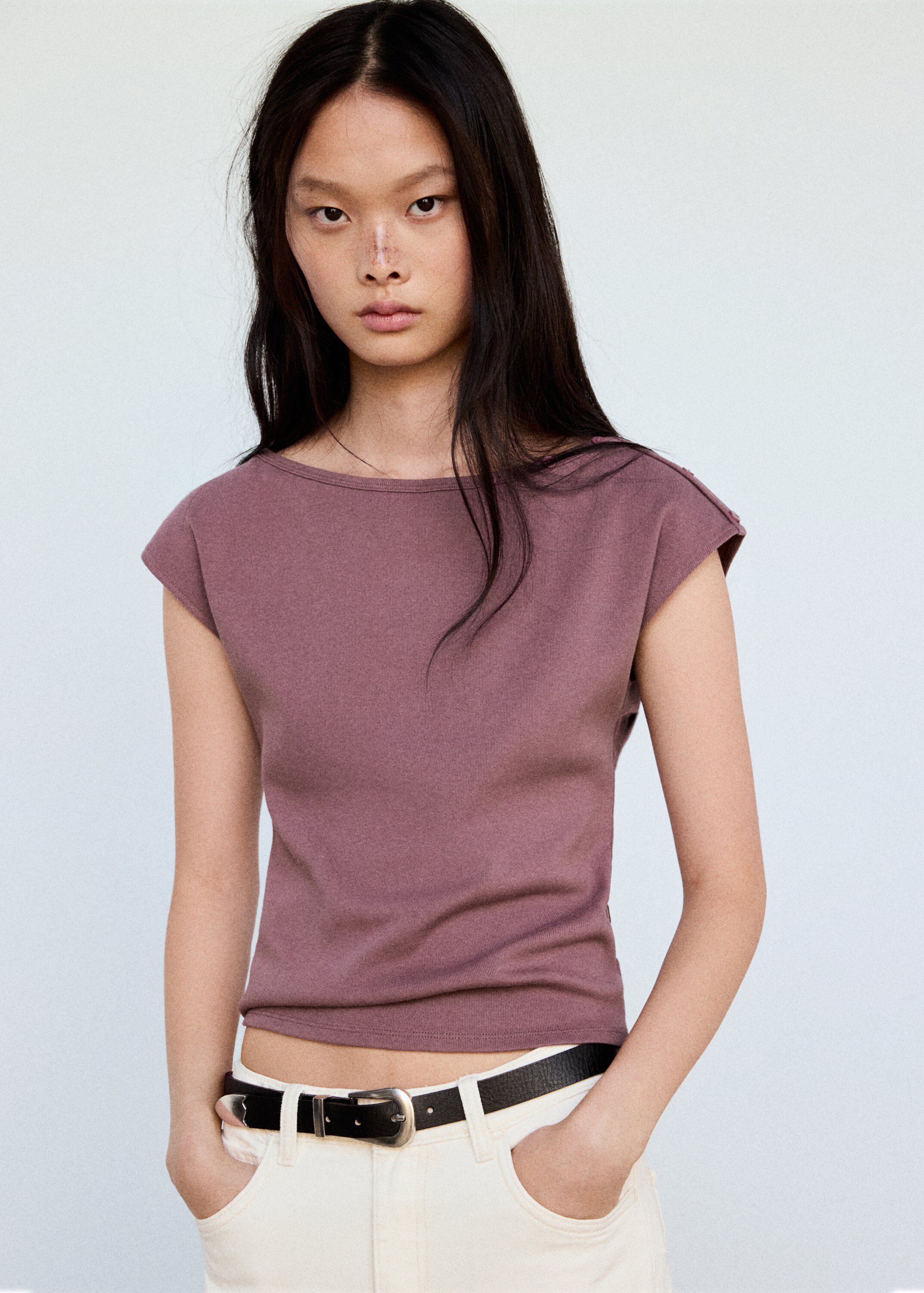 Boat neck top with decorative butto