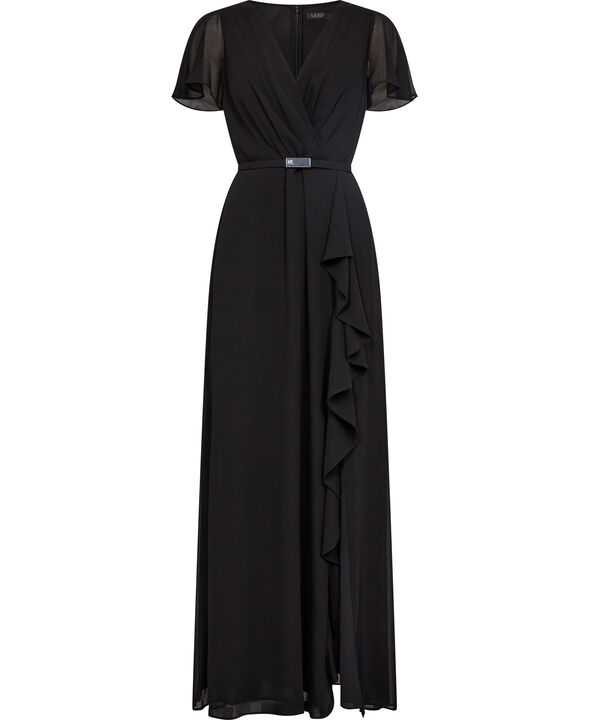 Belted Georgette Flutter-Sleeve Gown