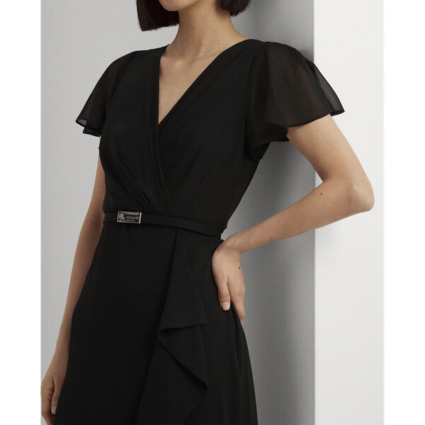 Belted Georgette Flutter-Sleeve Gown
