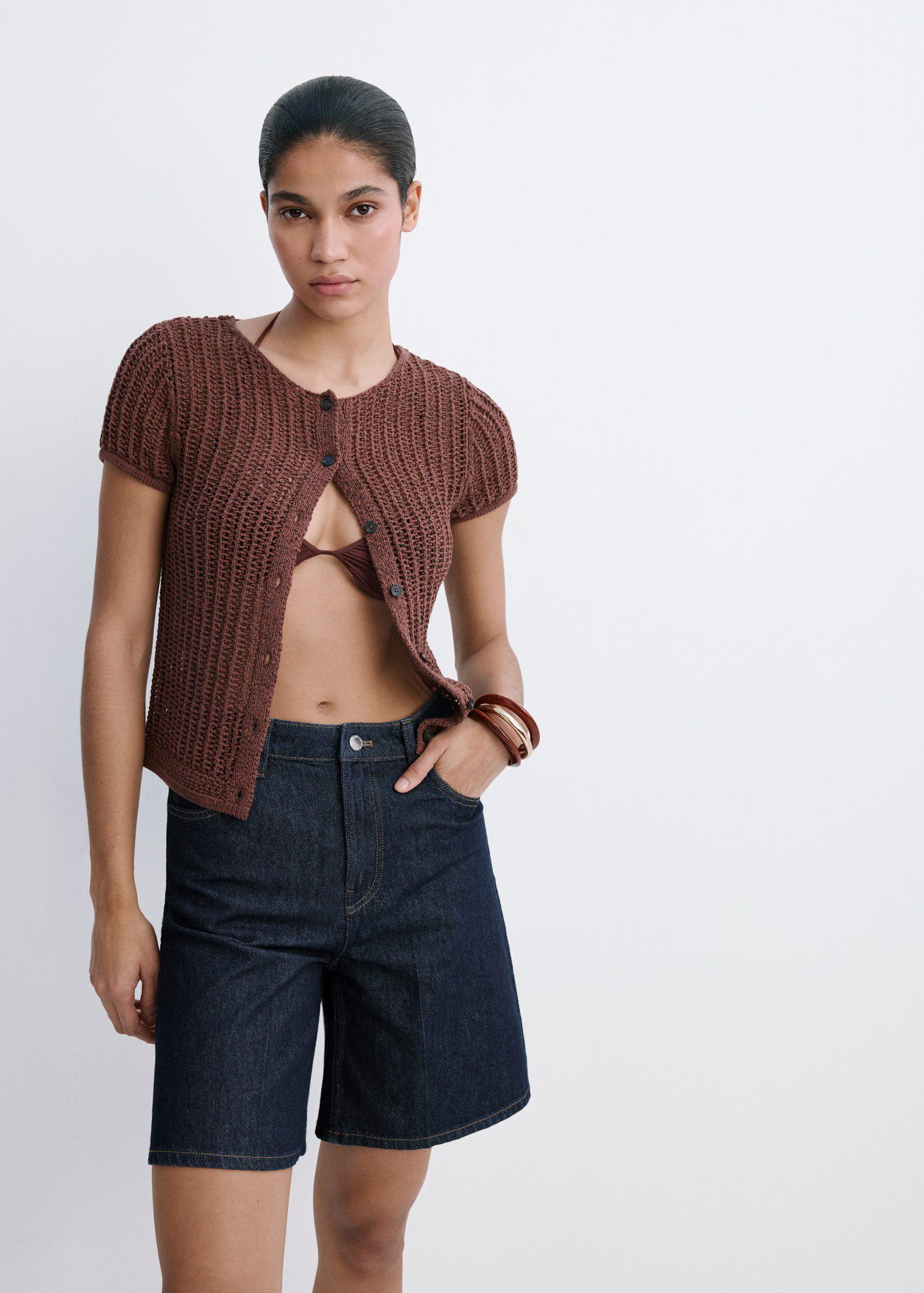 High-waist straight-fit denim short