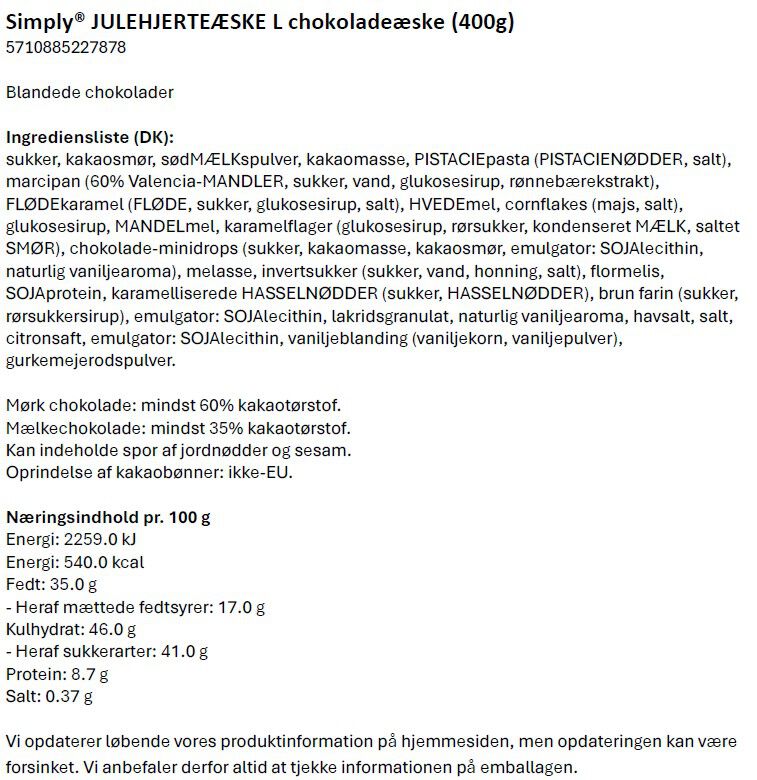 Simply&reg; JULEHJERTE&AElig;SKE L chokolade&aelig;ske (400g)