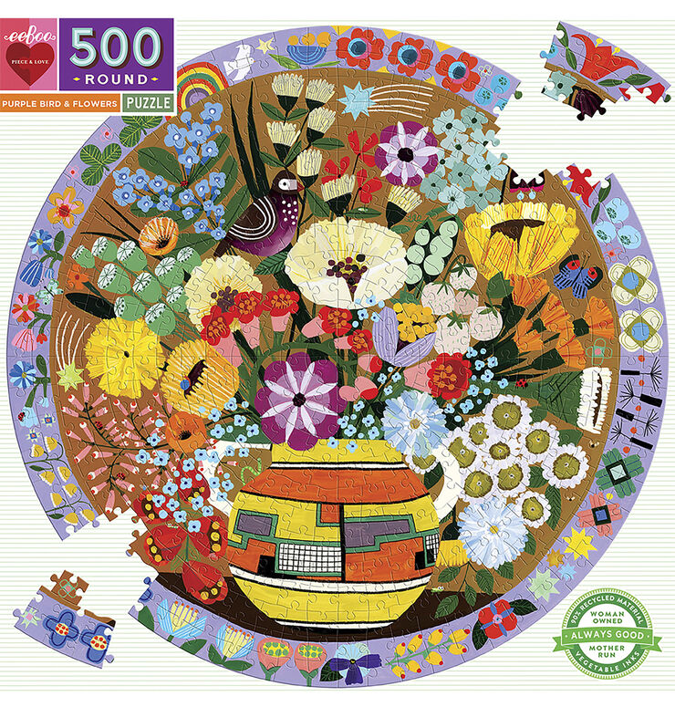 eeBoo - Rundt puslespil 500 brk - Purple Bird and Flowers