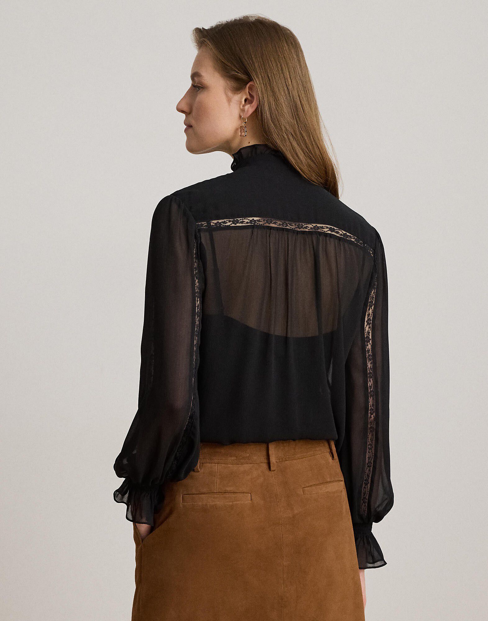 Lace-Trim Crinkle Georgette Blouse