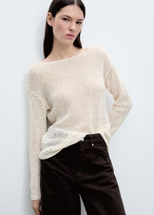 Openwork knit boat neck sweater