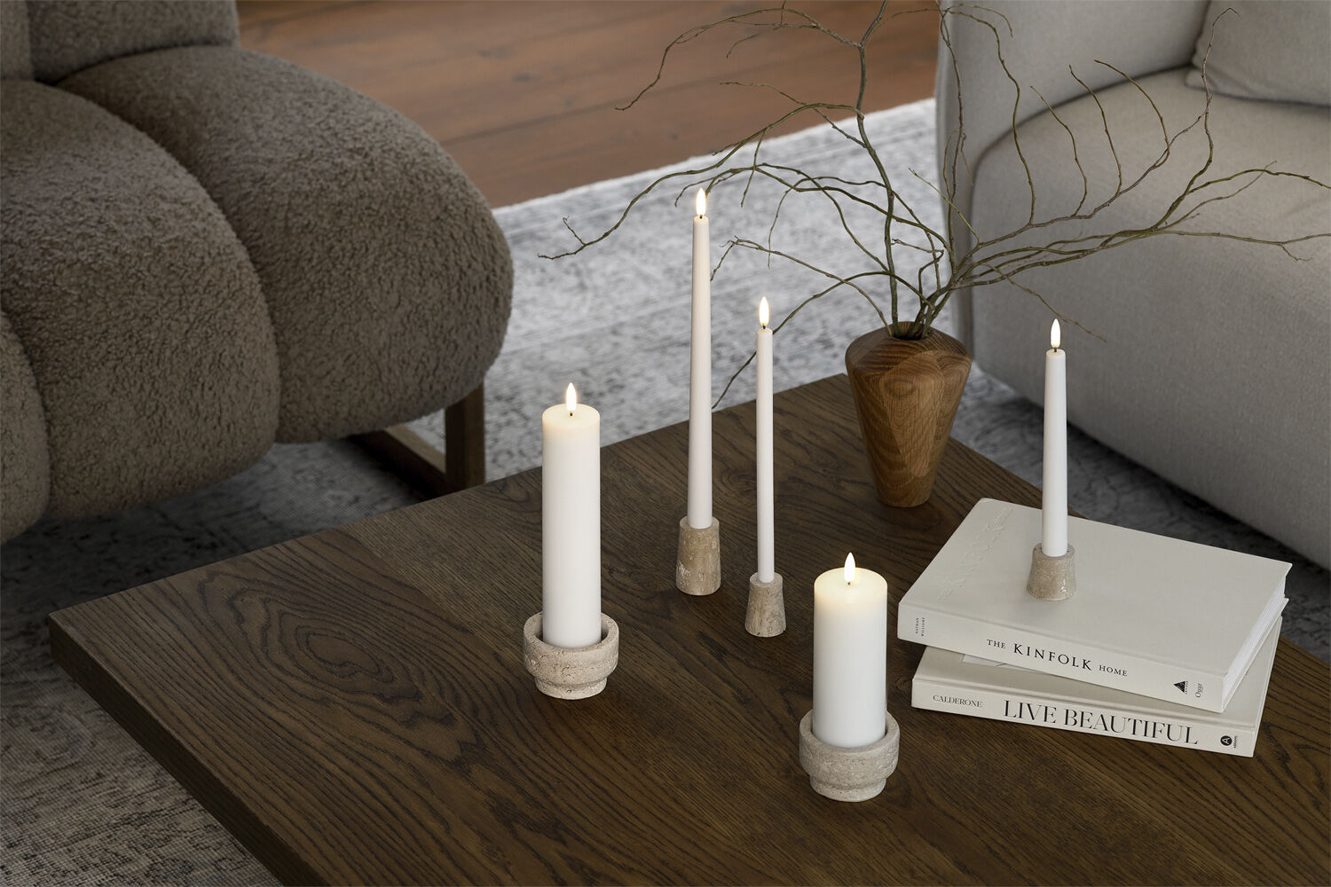 Travertine Candleholder pillar/tea light, Desert beige, 8x5