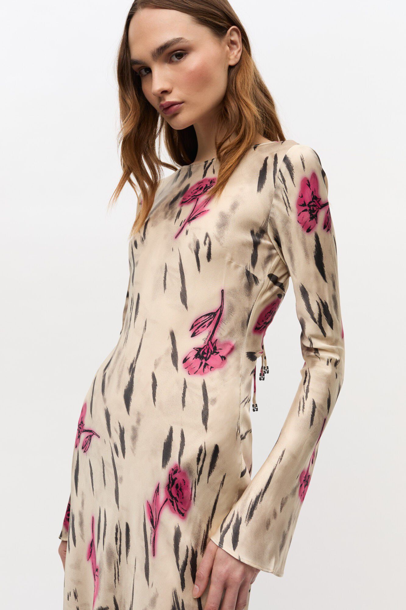 Printed Stretch Satin Long Sleeve M