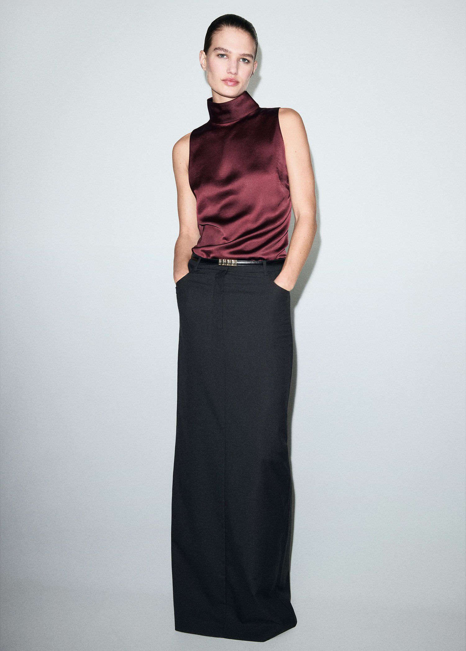 High collar satin blouse