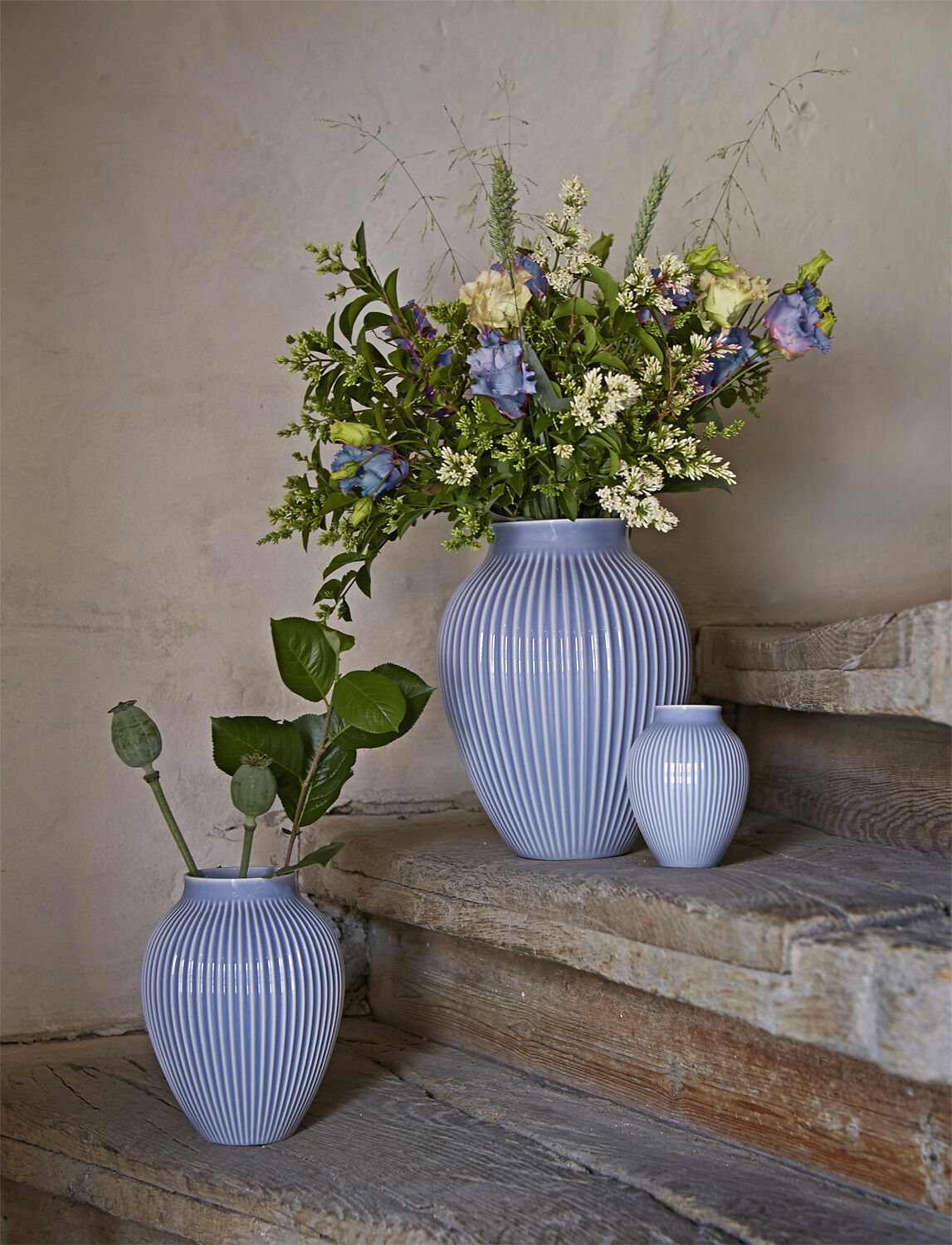 Knabstrup, vase, riller lavendelbl&aring;, 12,5 cm