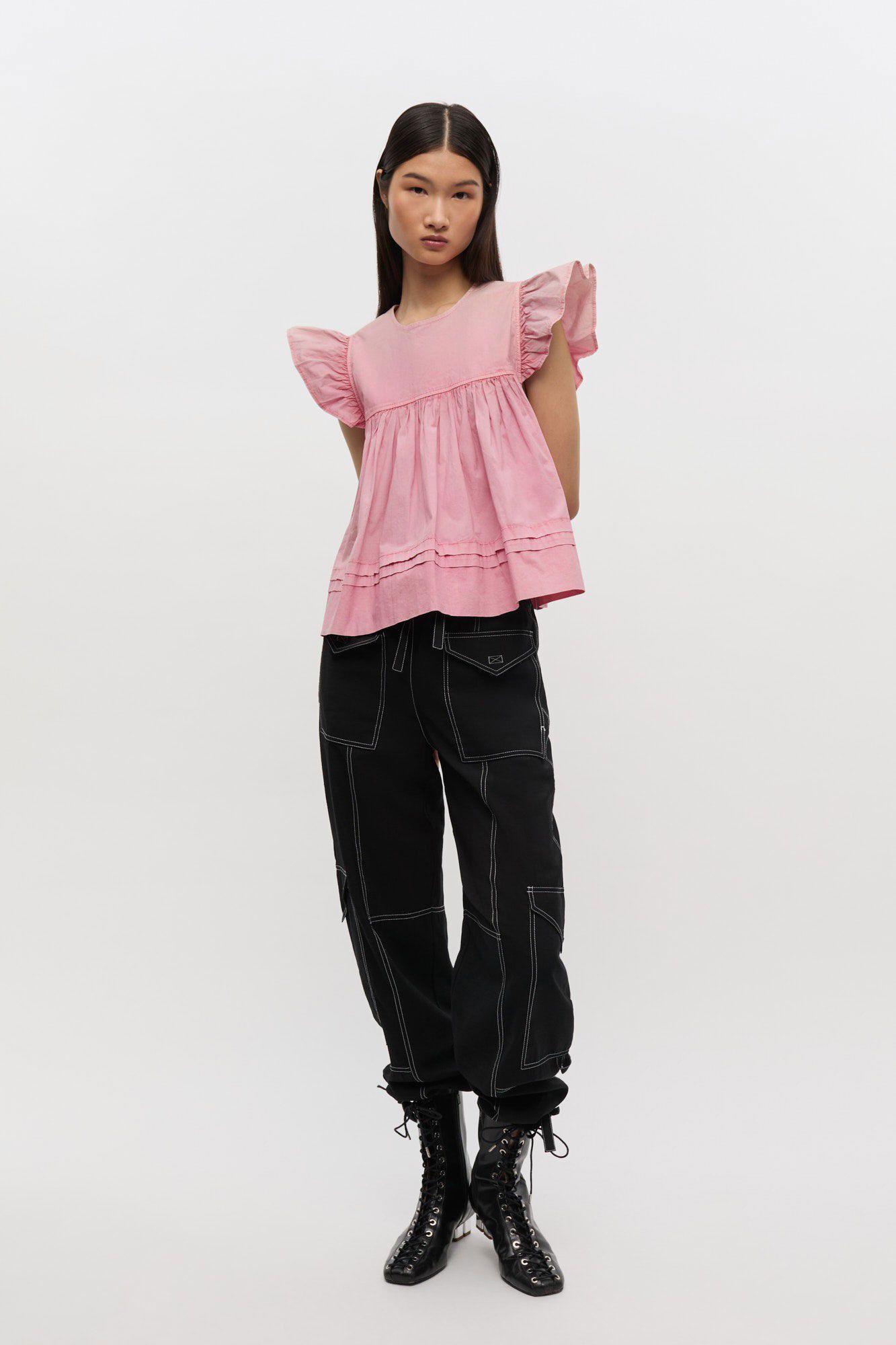 Washed Stretch Cotton Frill Sleeve