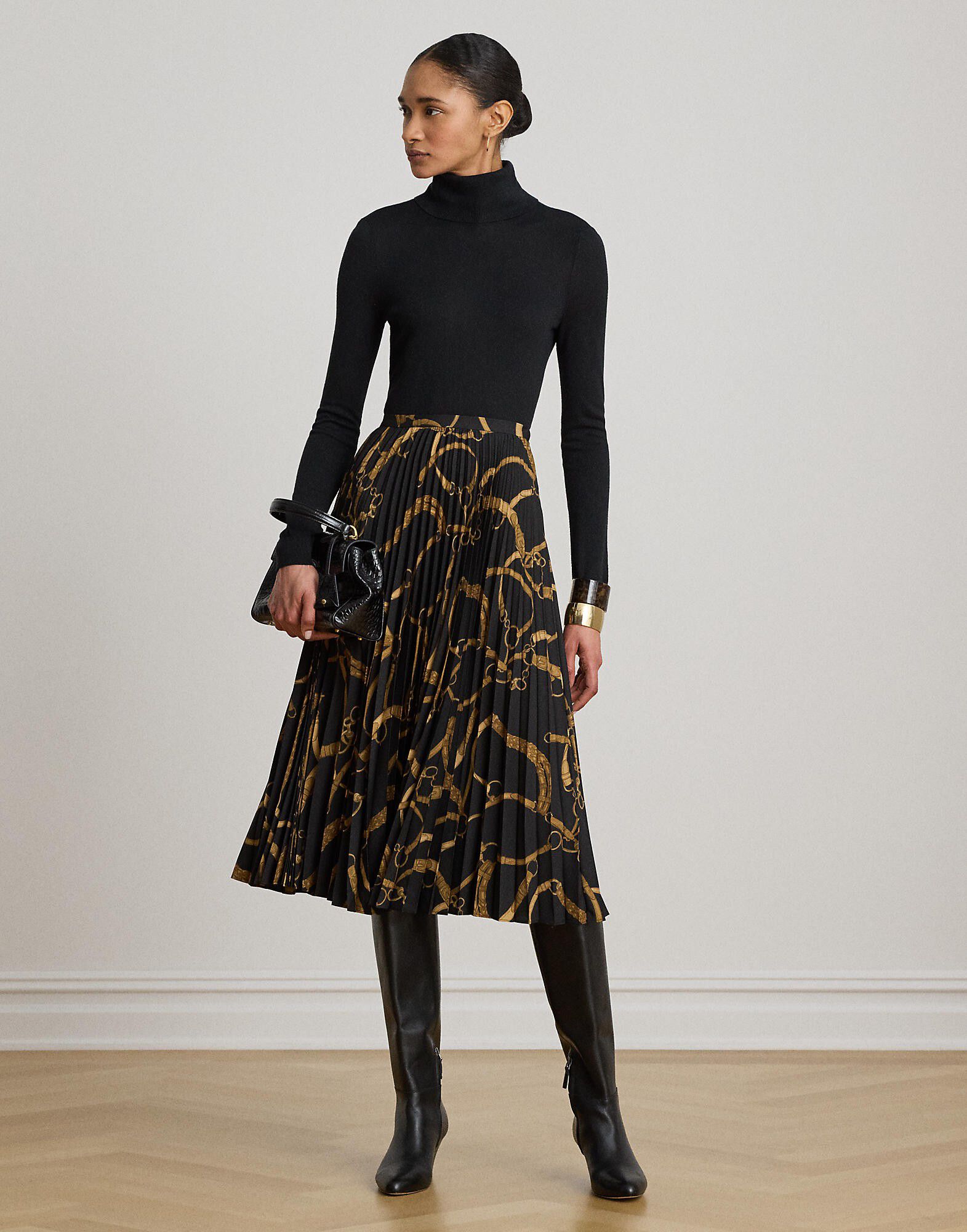 Belting-Print Pleated Crepe Skirt