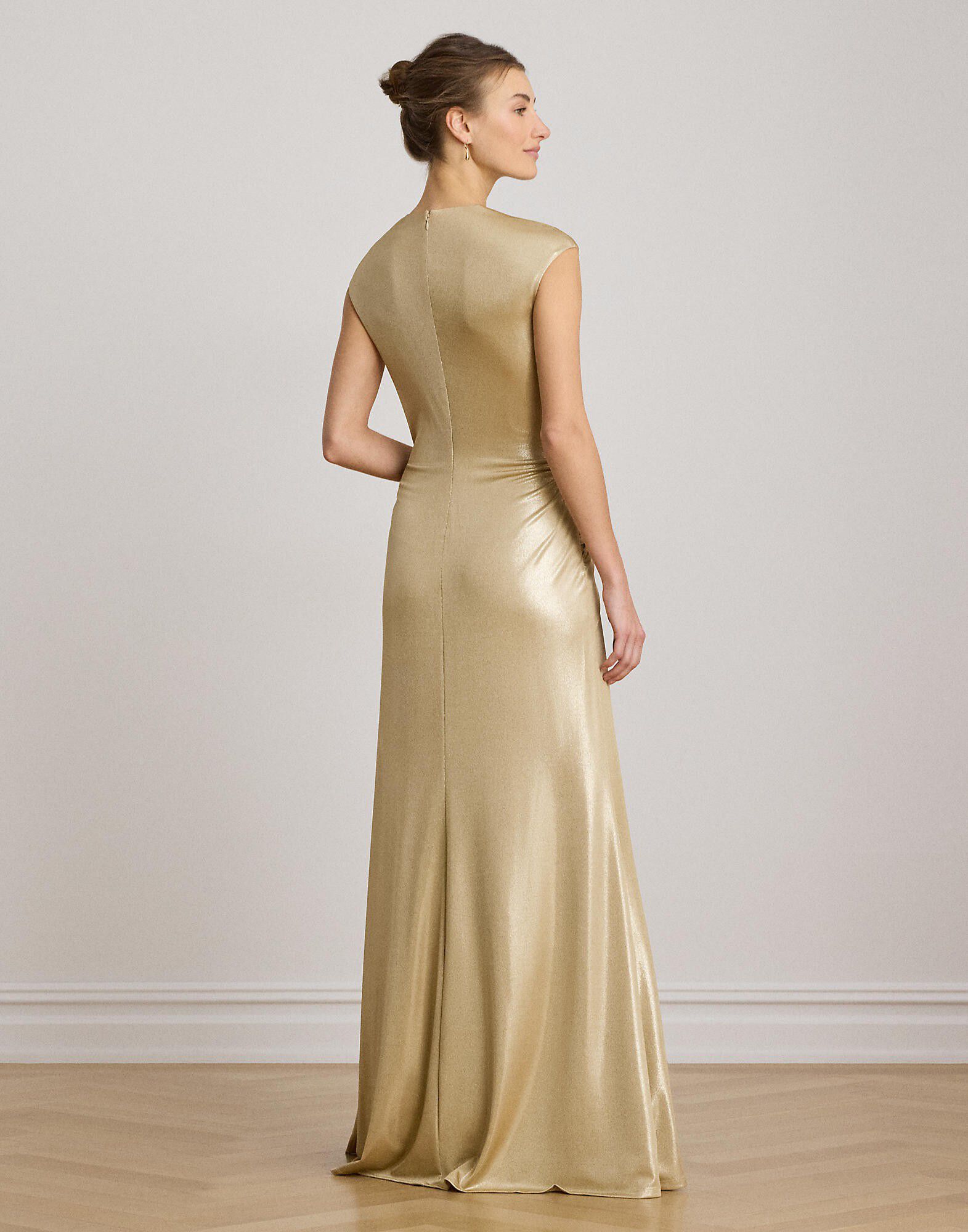 Twist-Front Metallic Cap-Sleeve Gown