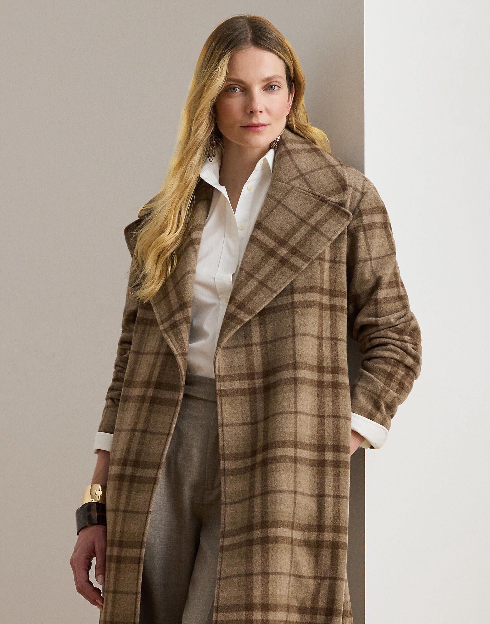 Plaid Wool-Blend Twill Wrap Coat