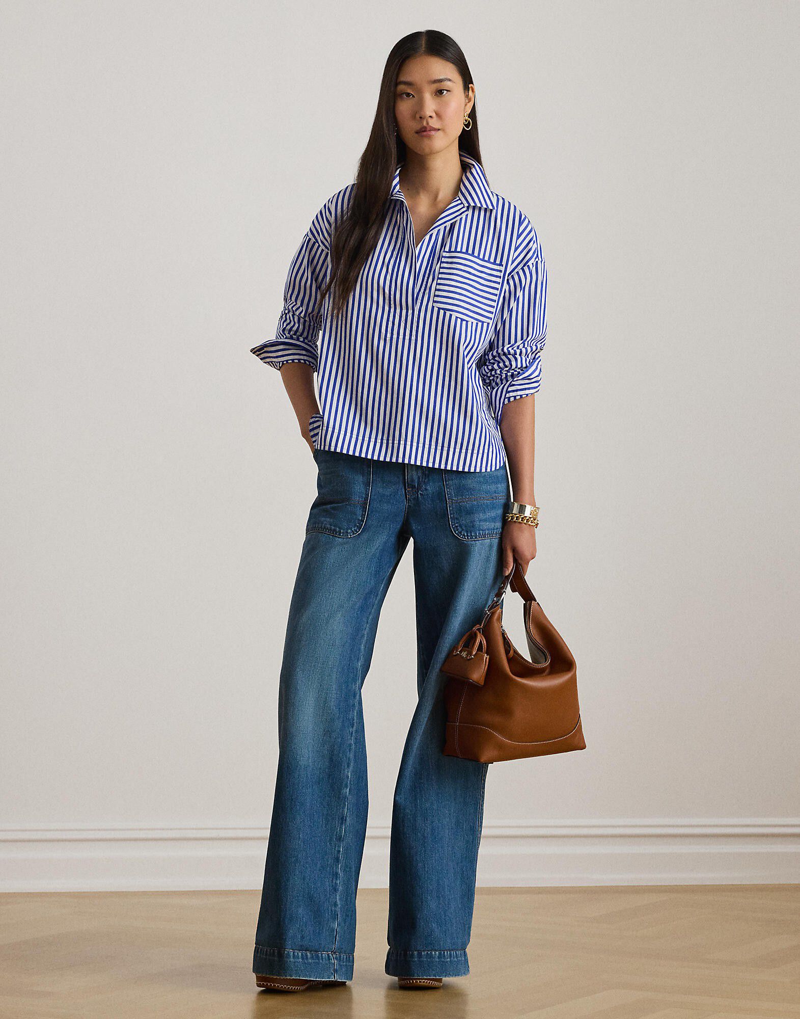 Striped Cotton Broadcloth Cropped Shirt