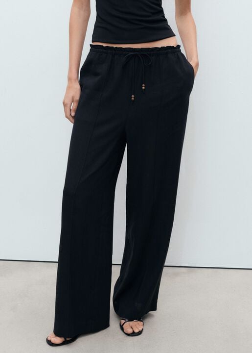 Linen-blend elastic waist trousers