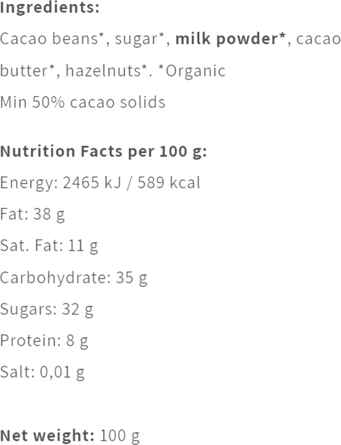 Milk Hazelnut 50 %, Nicaragua, Organic