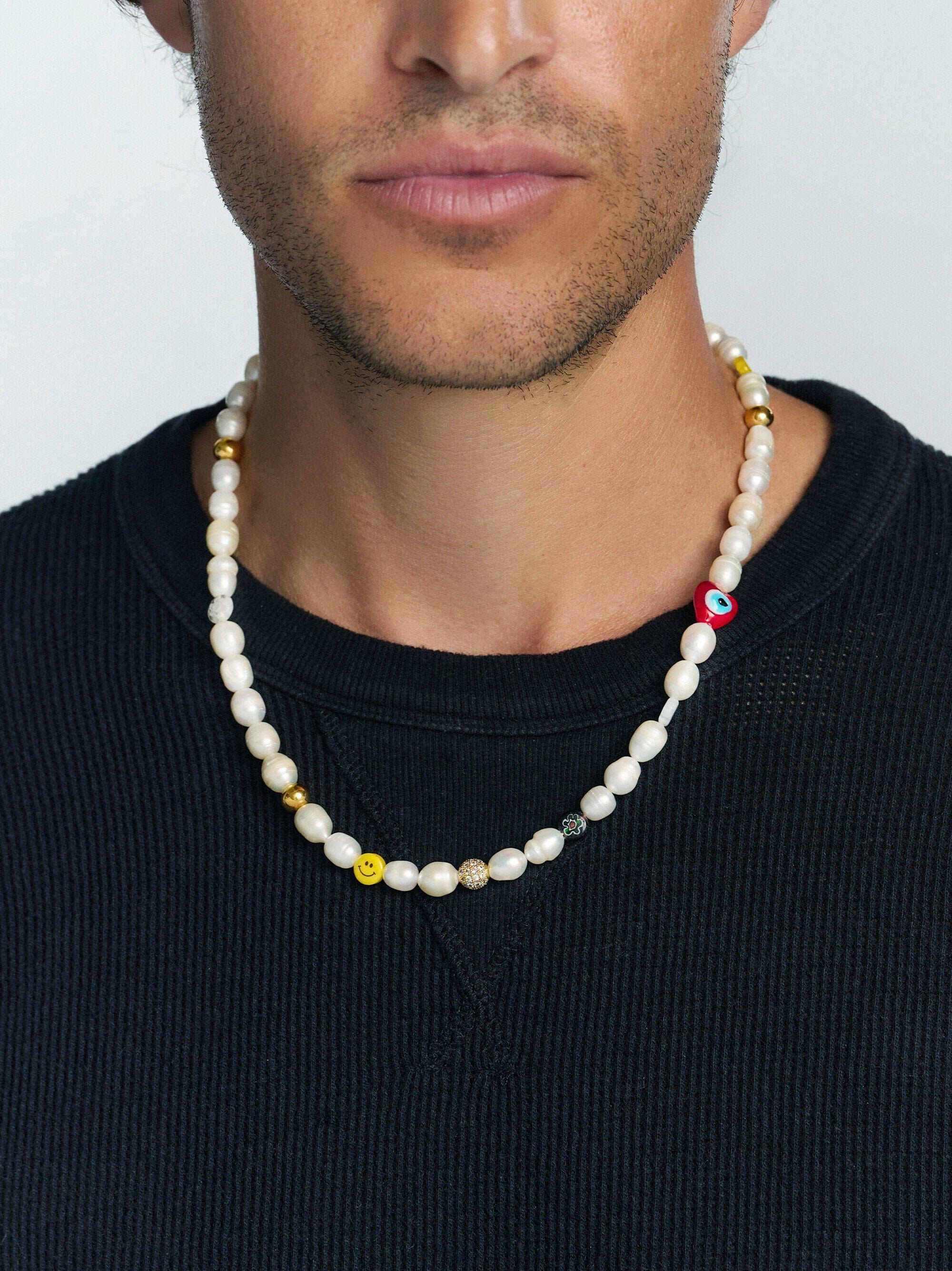 Men's Smiley Face Pearl Necklace with Assorted Beads