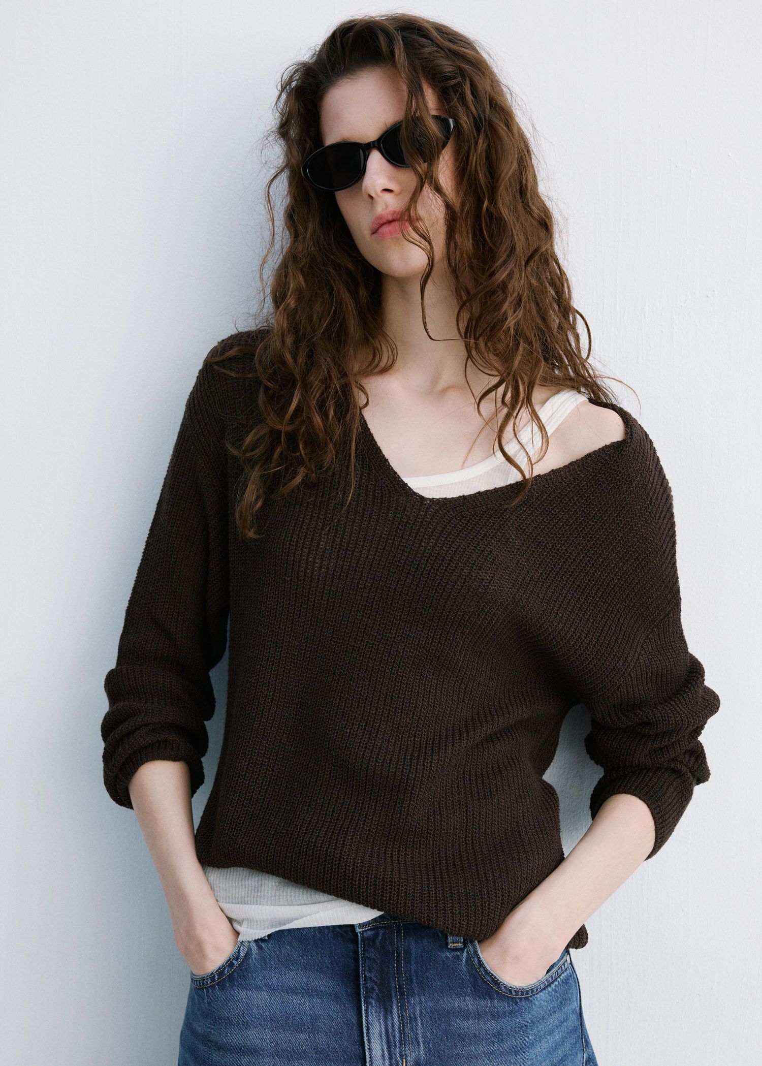 V-neck openwork knitted sweater