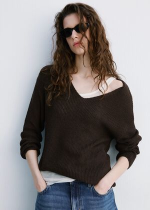 V-neck openwork knitted sweater