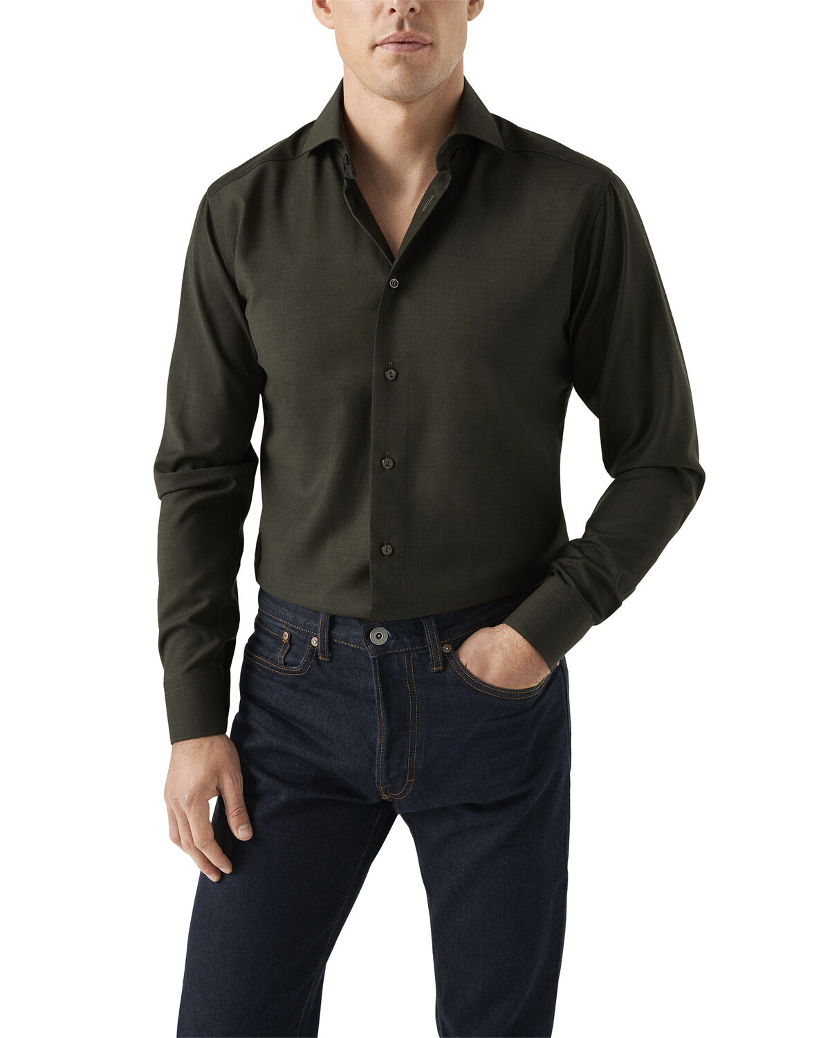 Slim Fit Dark Green Solid Merino Wool Shirt