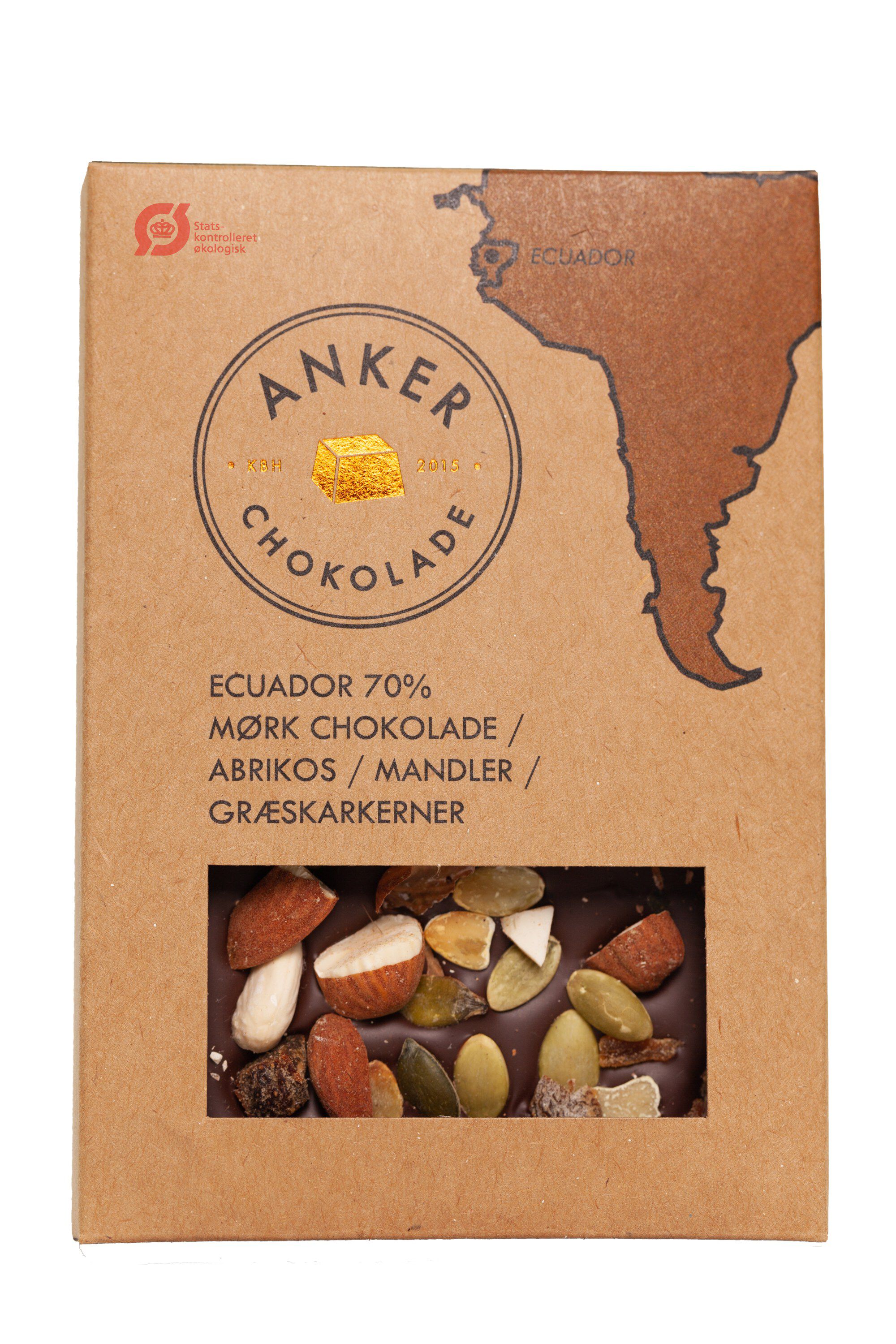 100gr Plade - Ecuador 70% m&oslash;rk chokolade / abrikos / mandler / gr&aelig;skar
