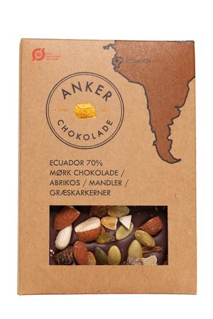 100gr Plade - Ecuador 70% m&oslash;rk chokolade / abrikos / mandler / gr&aelig;skar