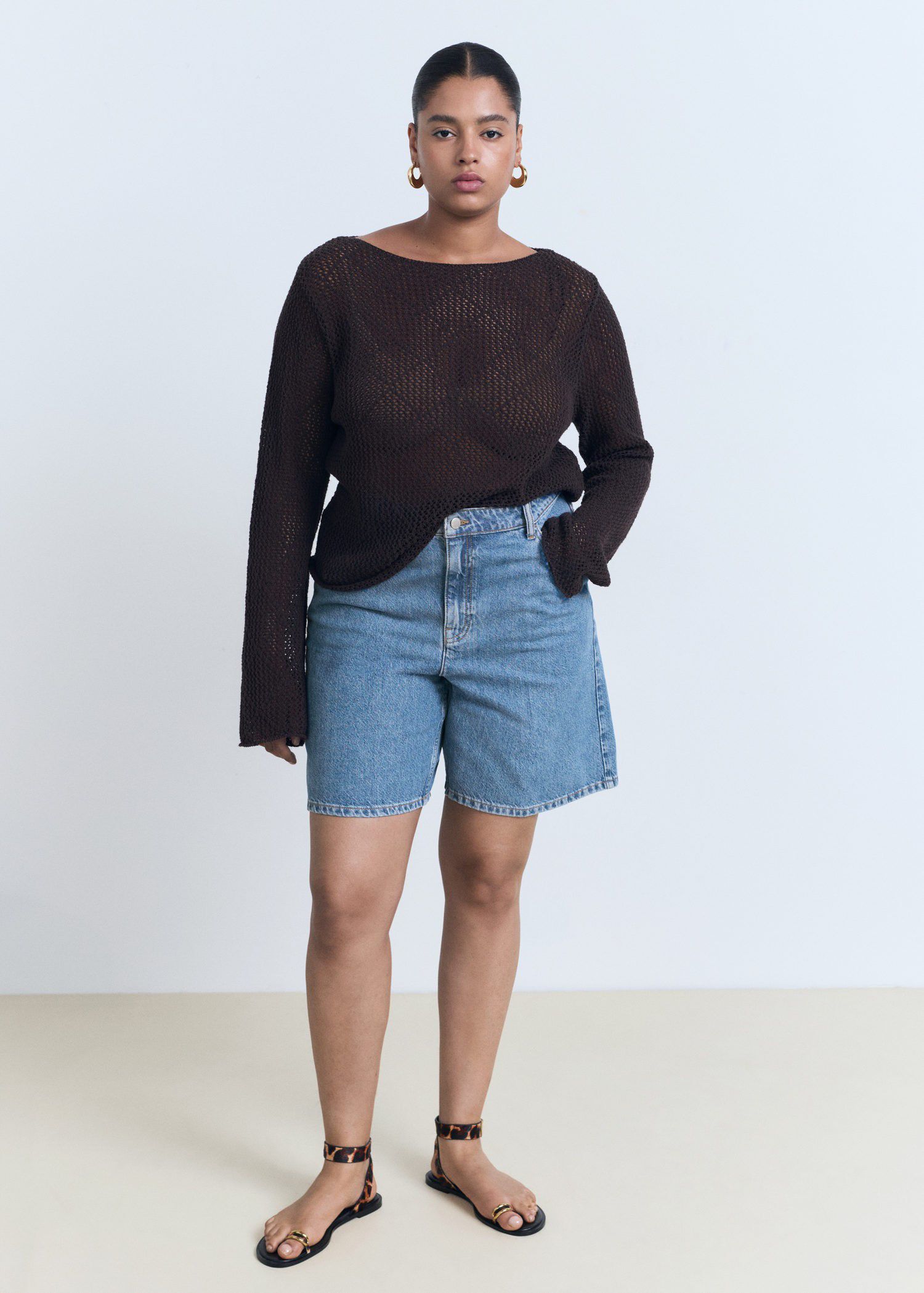 High-waist straight denim shorts