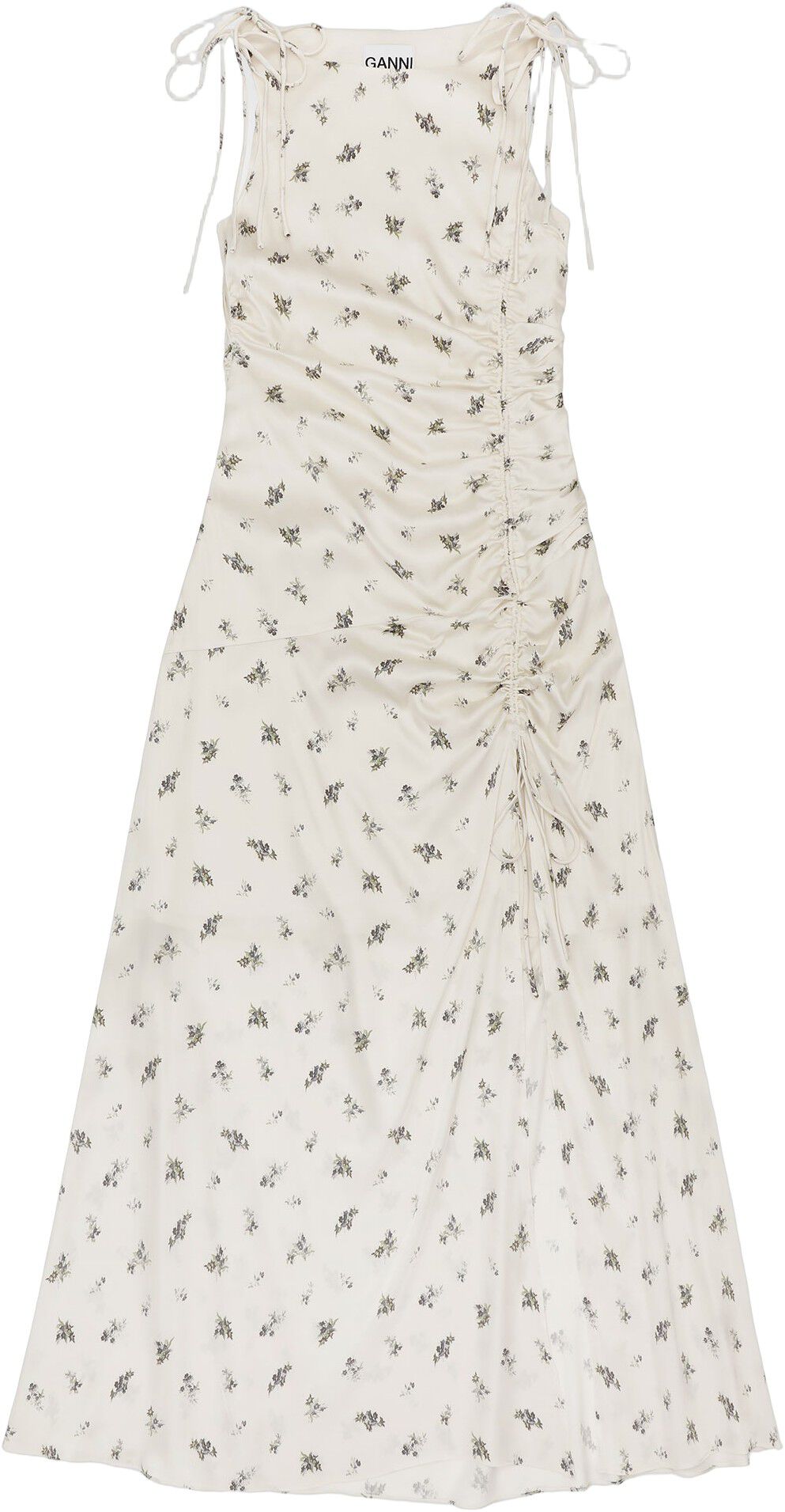 Printed Satin Gathered Long Dress