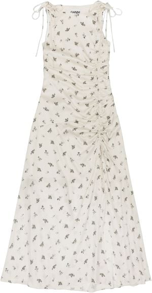 Printed Satin Gathered Long Dress