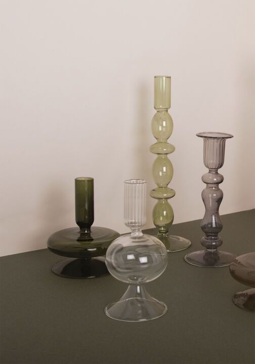 Glas lysestage, lys grøn, 25xø9 cm