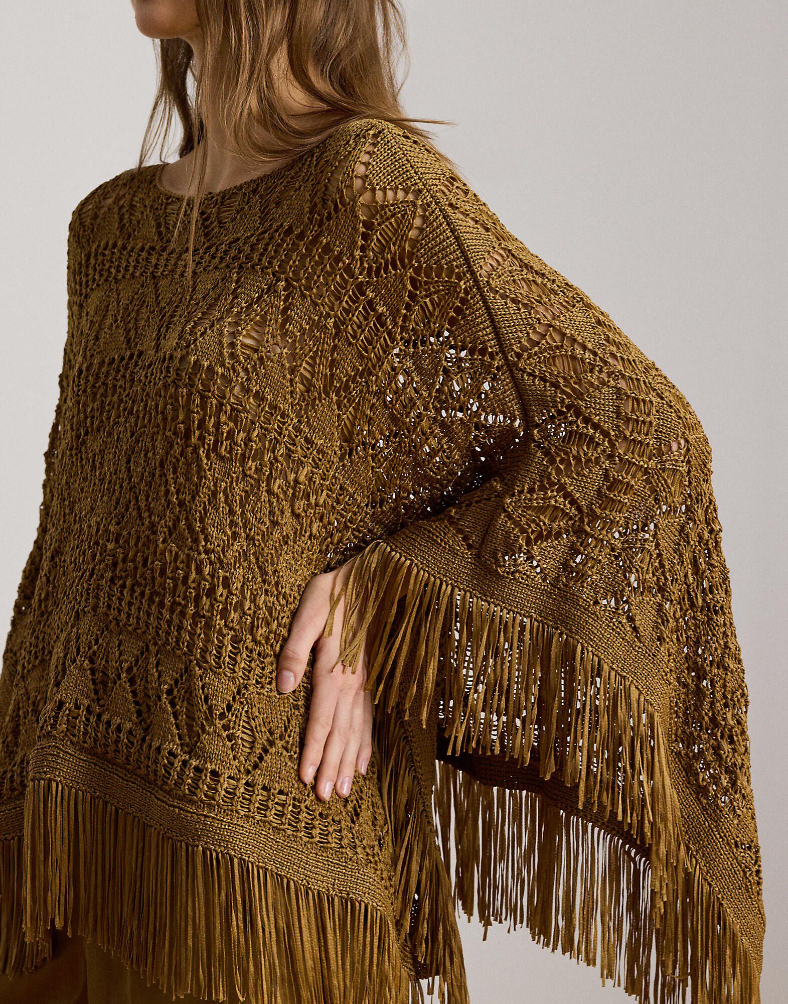 Fringe-Trim Pointelle Sweater Poncho