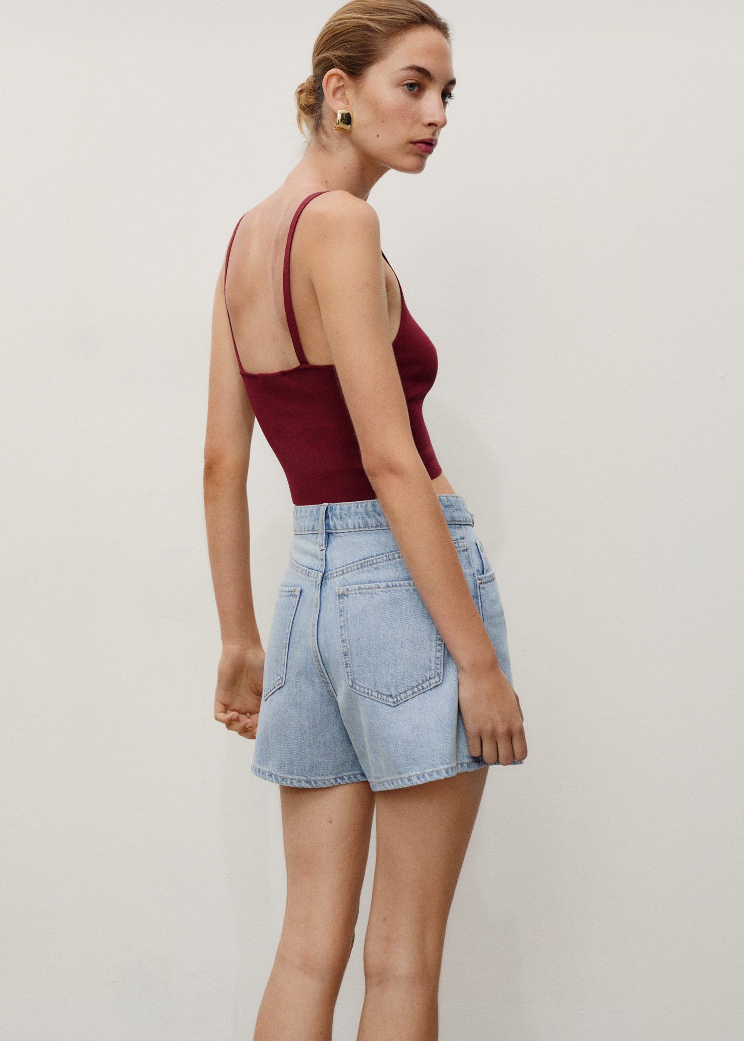 High-waisted straight denim shorts