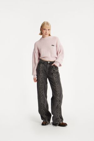 DENIM LACED LEG PANTS