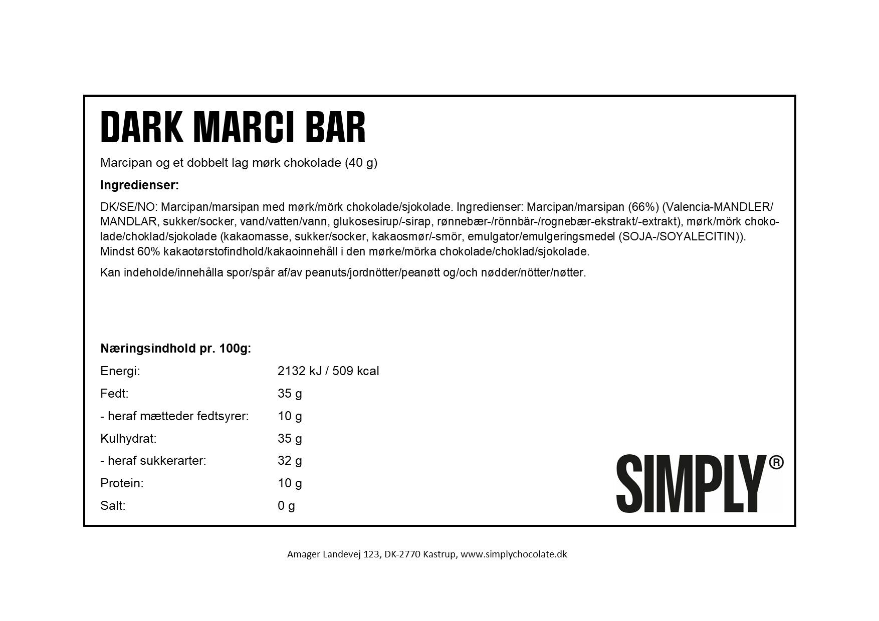 Simply&reg; DARK MARCI chokoladebar (40g)