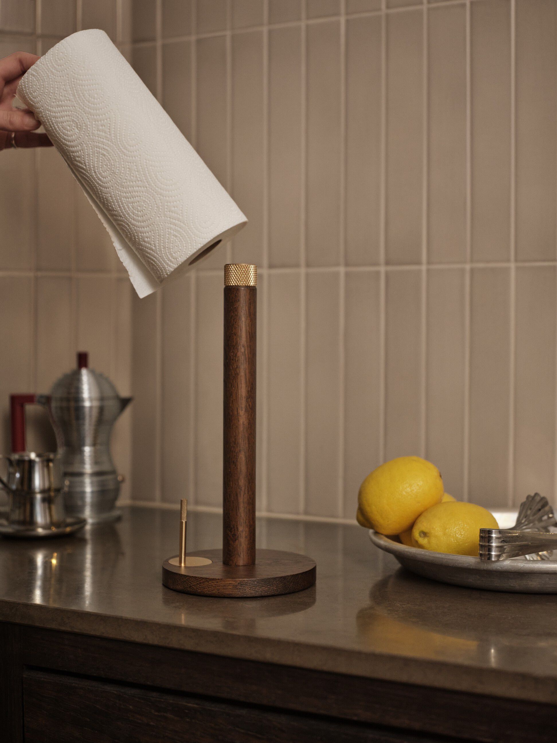 SINA Kitchen Roll Holder Dark Oak Brass