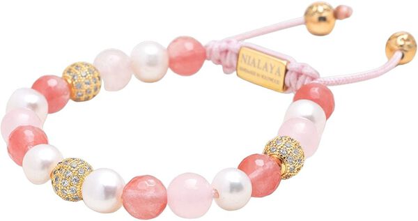 Women's Beaded Bracelet with Pearl, Rose Quartz, Cherry Quar
