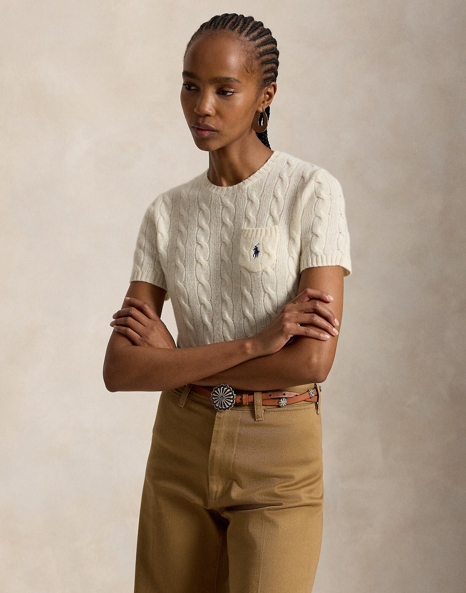 Cable Wool-Cashmere Short-Sleeve Sweater