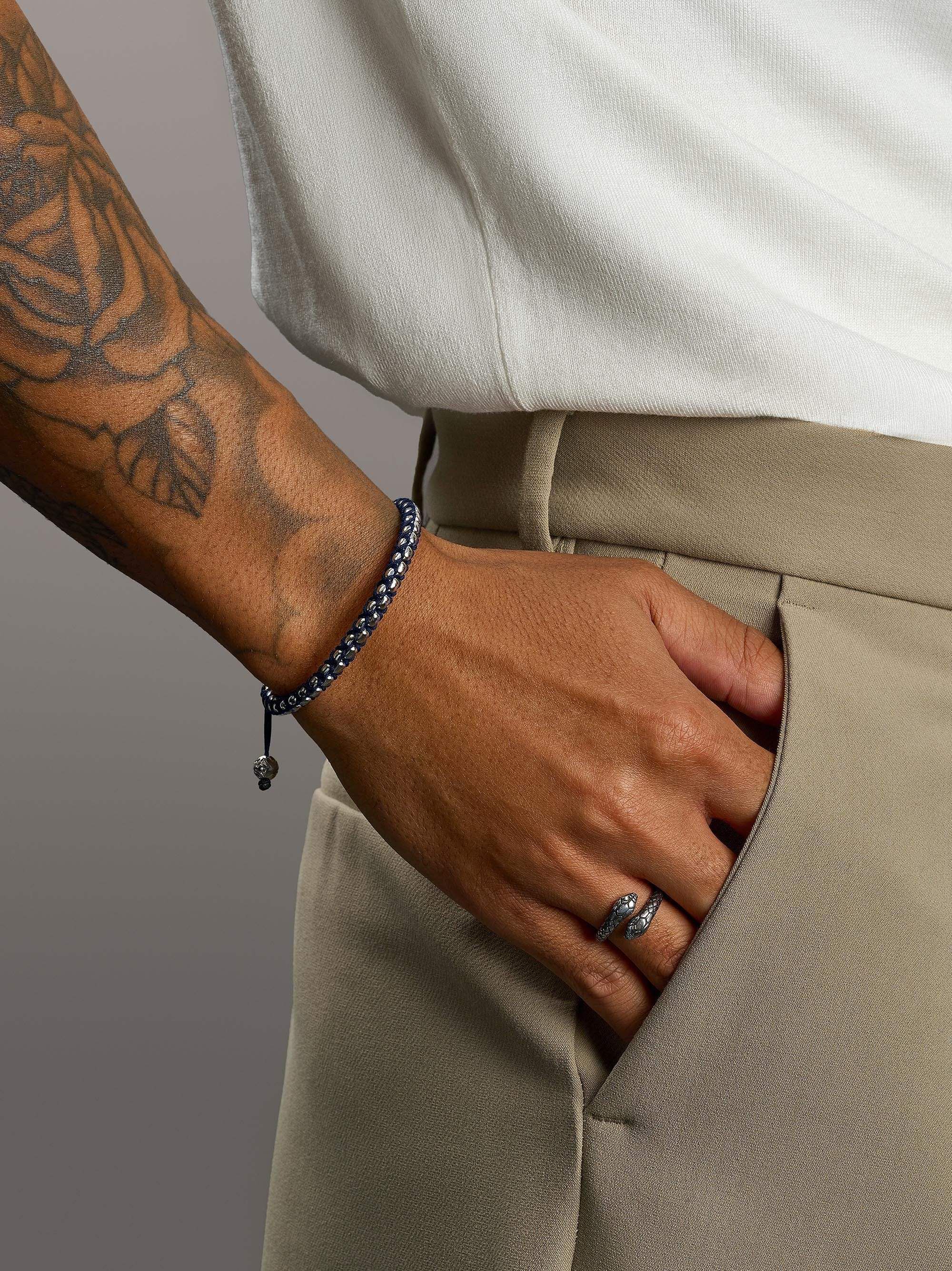 Navy String Box Chain Bracelet in Silver