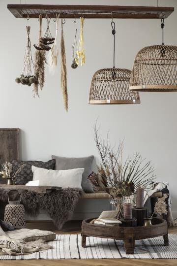 H&aelig;ngelampe bambus sk&aelig;rm hvid plastikledning