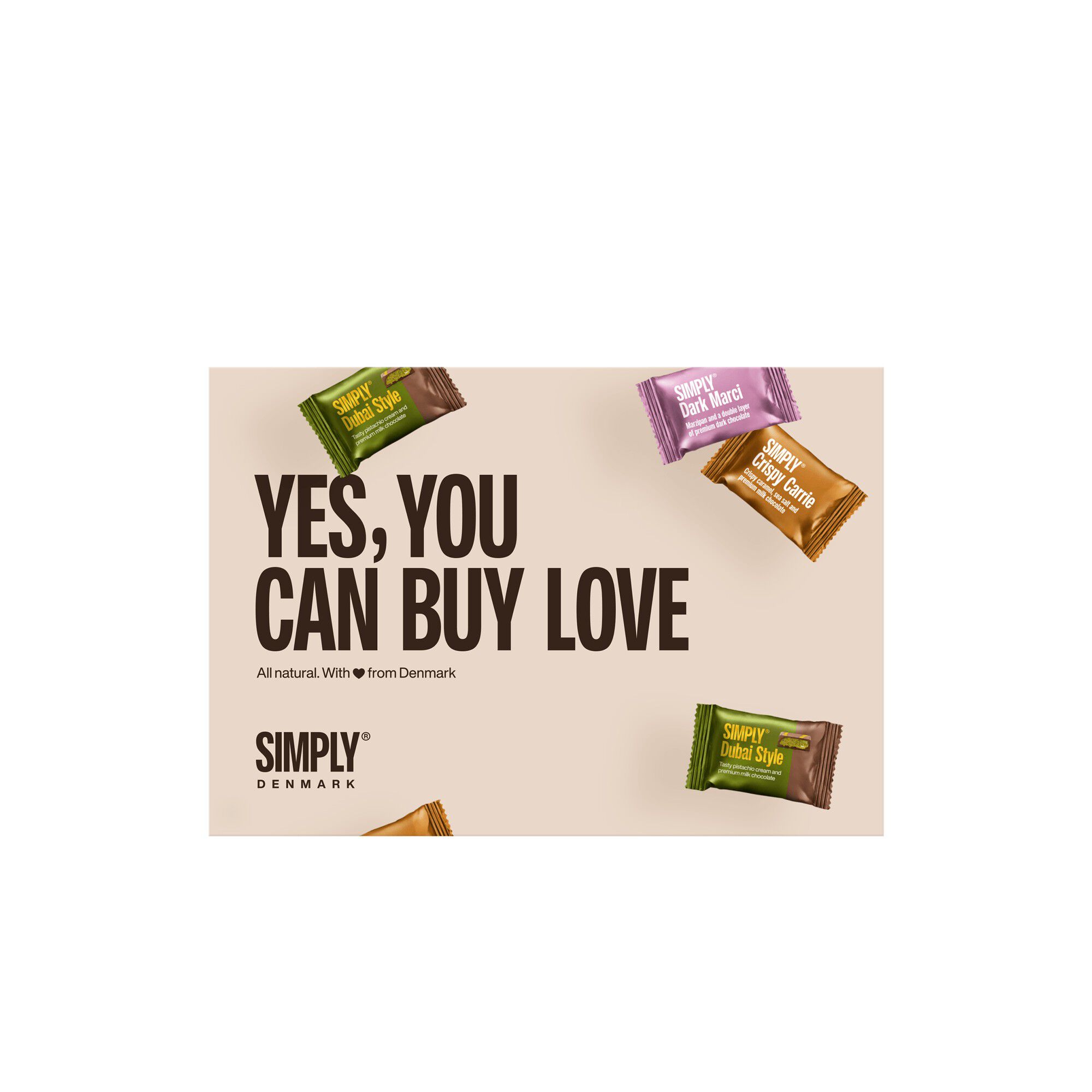 Simply&reg; YES, YOU CAN BUY LOVE chokolade&aelig;ske (120g)